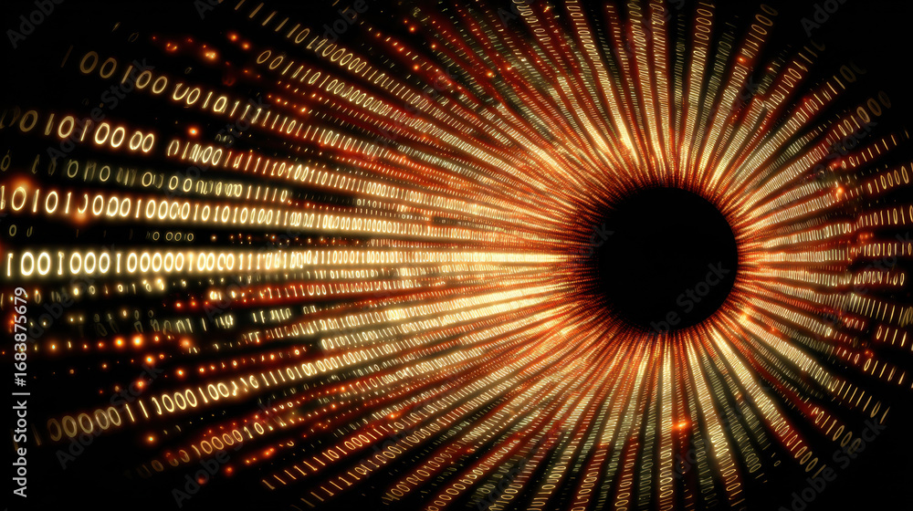 Poster dynamic visual representation of binary code radiating outward, creating sense of depth and movement