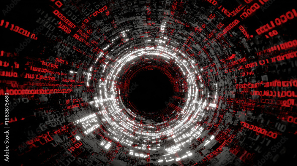 Poster digital tunnel with binary code swirling in red and white colors creates mesmerizing visual effect, 