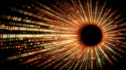 Dynamic visual representation of binary code radiating outward, creating sense of depth and movement. contrasting colors of gold and black evoke futuristic and technological atmosphere
