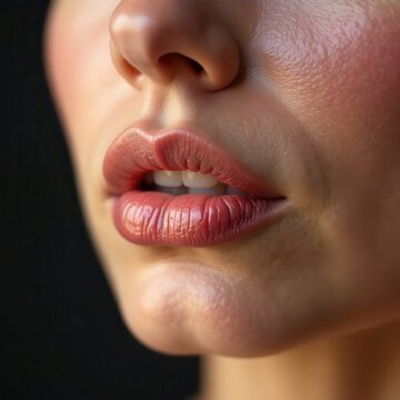 Lips Skin Care. Beautiful Woman With Beauty Face Applying Lip Balsam, Lipbalm On Full Sexy Lips. Portrait Of Smiling Female Model With Soft Skin And Natural Nude Makeup Touching Lips. High Resolution