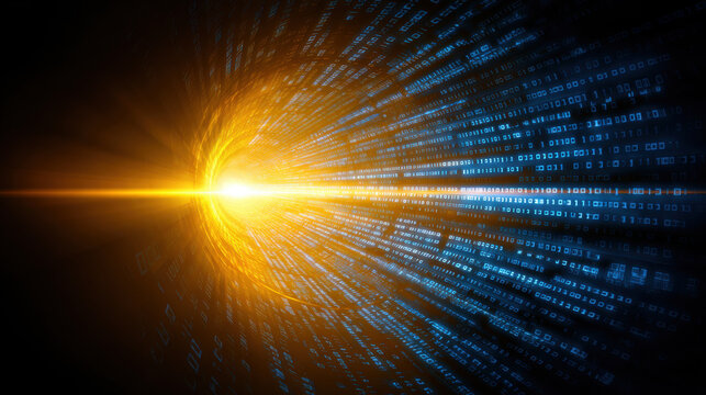 Vibrant digital vortex of light and binary code creates mesmerizing visual effect, symbolizing flow of data and technology. bright center radiates energy, representing innovation and connectivity
