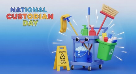 Celebrate National Custodian Day with cheerful cleaning cart and supplies, honoring essential workers