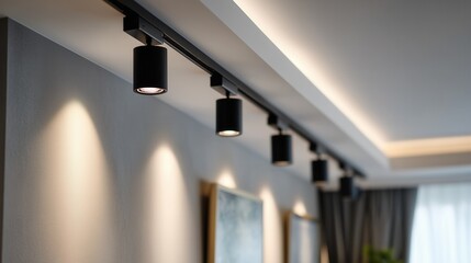 Modern ceiling track lights illuminating living room interior.