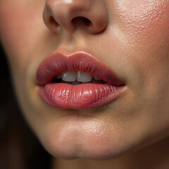 Naklejka premium Lips Skin Care. Beautiful Woman With Beauty Face Applying Lip Balsam, Lipbalm On Full Sexy Lips. Portrait Of Smiling Female Model With Soft Skin And Natural Nude Makeup Touching Lips. High Resolution
