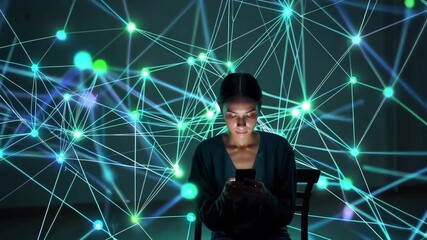 Woman using smartphone surrounded by glowing digital connections, symbolizing technology and communication. - Powered by Adobe
