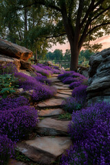 Purple Lavender Blooming Garden Path and Stone Pathway

