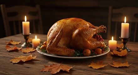 Roasted Thanksgiving Turkey on a Wooden Table with Candles and Autumn Leaves