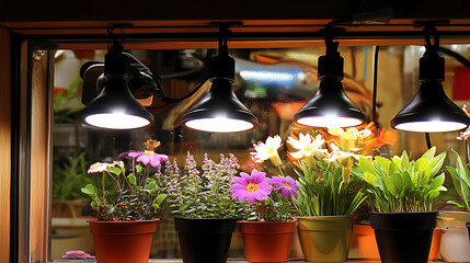 Indoor Garden with Potted Flowers Under Grow Lights
