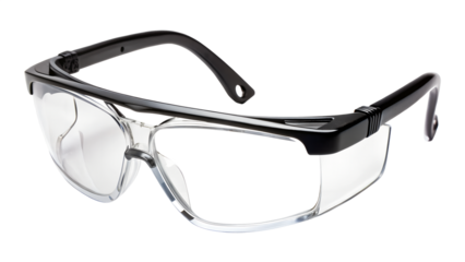 Safety glasses with clear lenses and black frames isolated on transparent background for eye protection in various work environments and activities