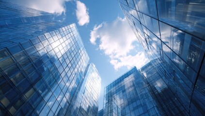 Modern glass buildings reflecting sky and clouds