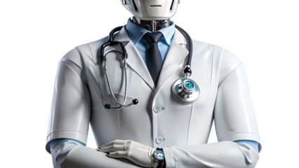 A robot doctor with stethoscope and lab coat isolated on transparent background, representing the future of healthcare and artificial intelligence in medicine