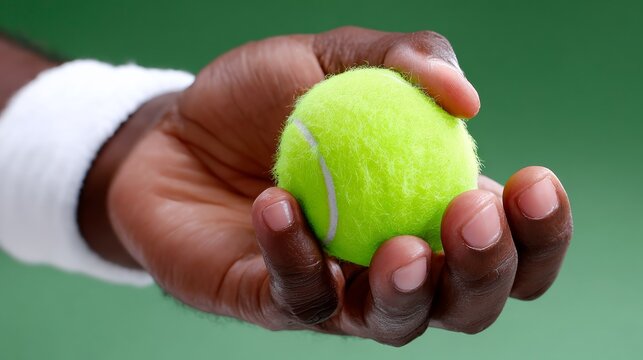 African American male athlete holding bright green tennis ball in hand, showcasing grip and texture, with blurred background emphasizing focus on sports and athleticism in action
