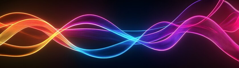 Intricate, vibrant waves of glowing, colorful light undulate across a dark background.