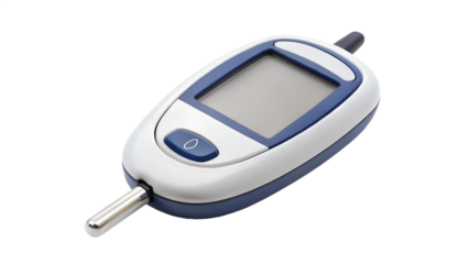 A digital glucometer for blood glucose testing isolated on transparent background, used for diabetes management and monitoring blood sugar levels