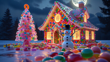 Fototapeta premium Lit up Glass Christmas candy house with a glass tree and lass snowman.