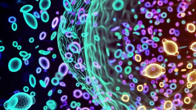 Animation of extracellular vesicles being released from a cell in response to stimulus.