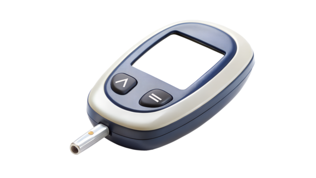 A glucometer for measuring blood sugar levels isolated on transparent background, used for diabetes management and health monitoring at home