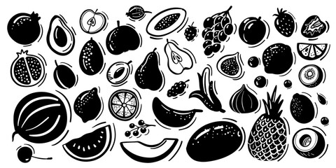 Vector collection of hand drawn fruit silhouettes: apple, pear, pineapple, banana, citrus, melon, pomegranate, fig, kiwi and berries. Perfect for packaging, logos, patterns, posters and healthy food d
