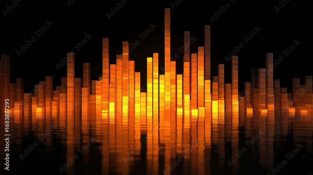 Poster abstract sound wave visualization with vibrant orange and yellow bars reflecting on dark surface, cr