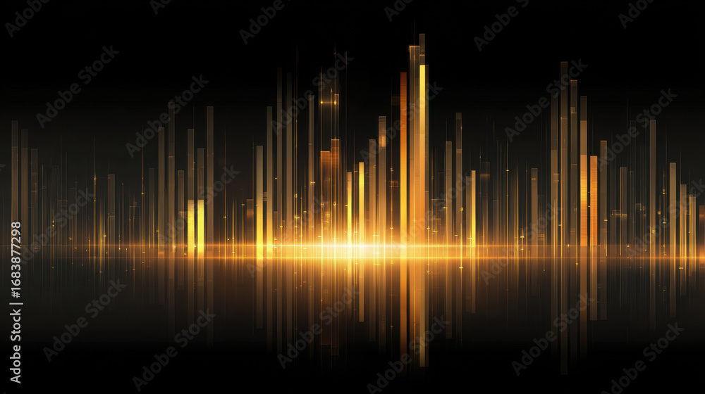 Poster abstract digital sound wave visualization with golden bars reflecting on dark background, creating s