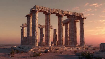 Ancient temple ruins at sunset in a serene desert landscape - Powered by Adobe