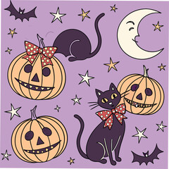 Fototapeta premium Halloween pattern with pumpkins black cats crescent moon and stars