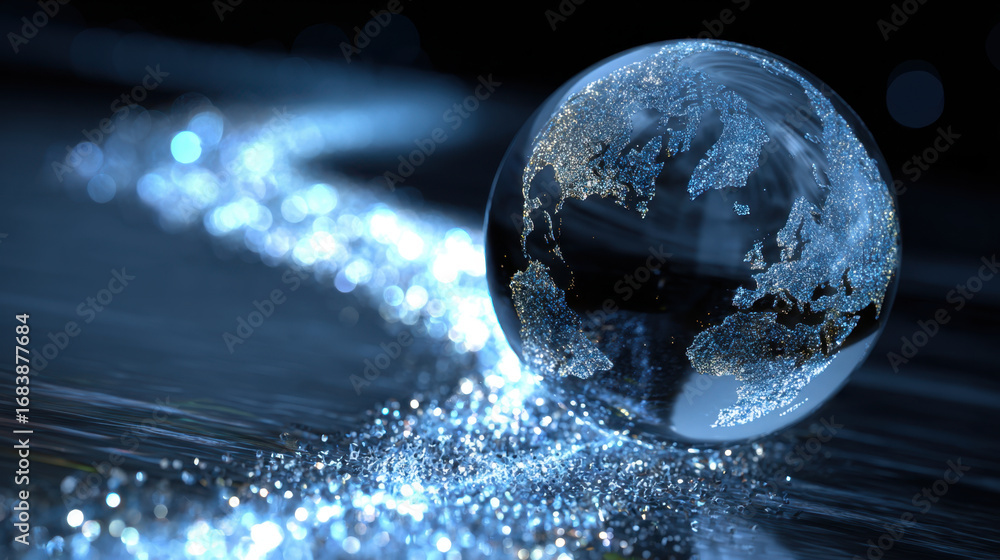 Poster crystal globe reflecting light on shimmering surface, symbolizing global connectivity and beauty. in