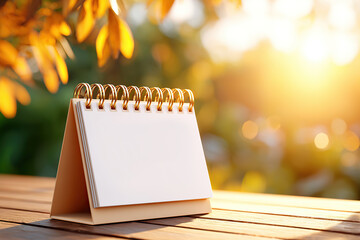 Blank calendar stand on a wooden table during sunset in a serene outdoor setting