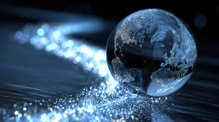 Crystal globe reflecting light on shimmering surface, symbolizing global connectivity and beauty. intricate details of continents are visible, creating mesmerizing visual effect