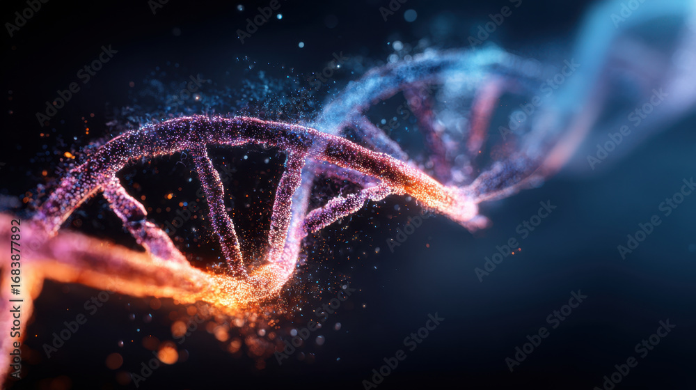 Poster vibrant representation of dna double helix, showcasing intricate details and glowing particles. imag