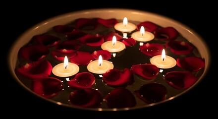 Romantic setting with floating candles and rose petals in water. Perfect for Valentine's Day, spa, wellness, wedding, relaxation, and anniversary promotions.
