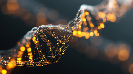 Digital representation of DNA strand with glowing orange nodes and network of lines, symbolizing genetic research and biotechnology. image conveys sense of innovation and scientific advancement
