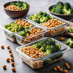 Nutritious meal prep with broccoli, chickpeas, and grains in glass containers, natural style on gray background. Concept of healthy eating