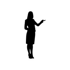 Silhouette of a confident businesswoman standing, gesturing with one hand, presenting or explaining an idea.