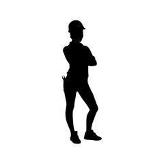 A bold silhouette of a woman wearing a hard hat and casual work clothes, arms crossed, portrays a confident and capable female construction worker.