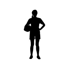 A bold silhouette of a female athlete, poised and holding a ball, against a clean white background.