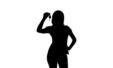 A bold silhouette of a woman holding car keys against a plain white background.