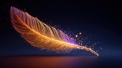 Vibrant feather glows with shimmering particles, showcasing blend of orange and purple hues against dark background. This artistic representation evokes sense of creativity and inspiration
