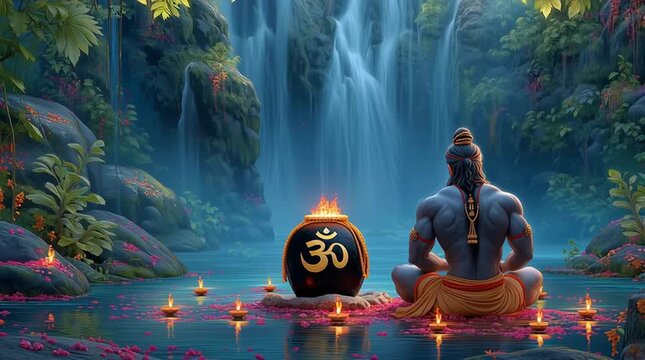 Meditating Shiva by sacred waterfall with jyotirlinga &ndash; tranquil 3D spiritual clip