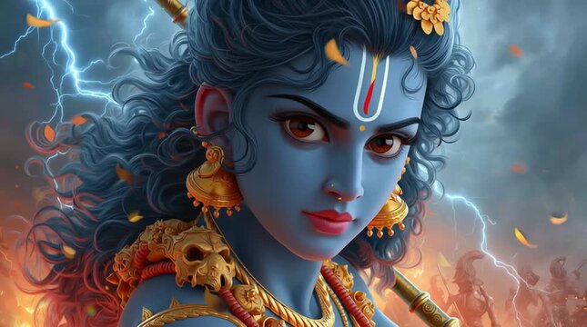 Blue-skinned goddess with lightning aura &ndash; dramatic 3D divine portrait animation
