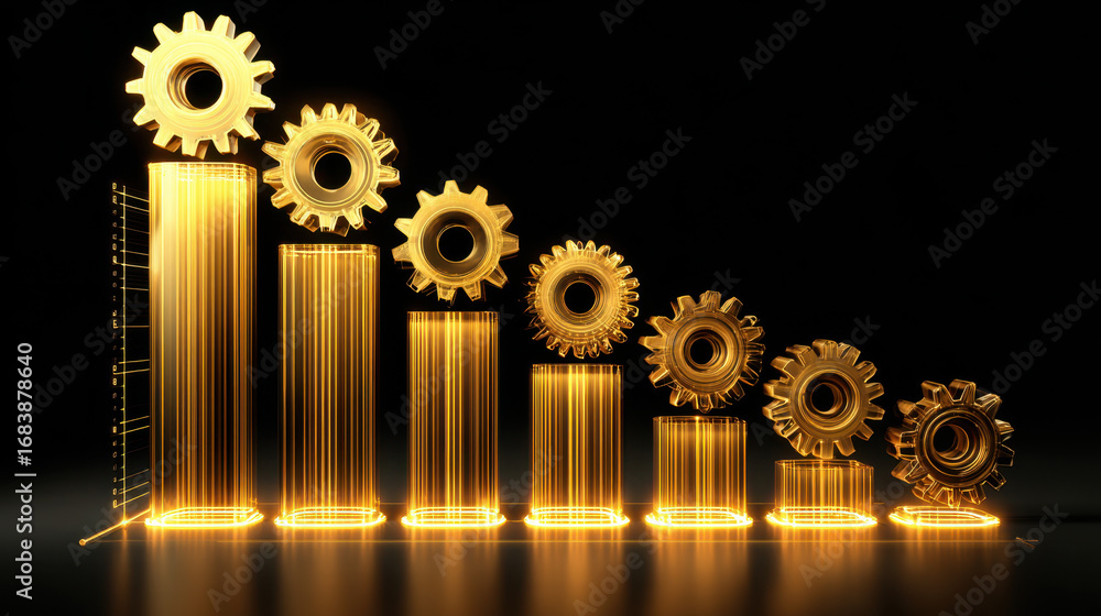 Poster golden gears represent growth and progress in business context, showcasing rising bar graph. image c