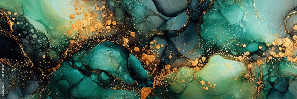 Poster vibrant display of turquoise and gold flowing together, creating a mesmerizing abstract composition 