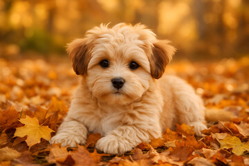 Adorable puppy portrait nestled amongst vibrant autumn leaves creates a warm, inviting feeling perfect for seasonal promotions or pet-related content