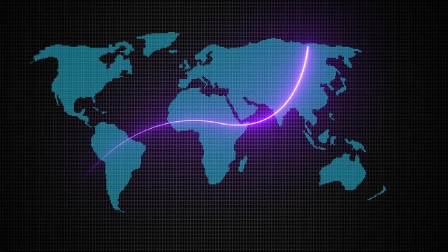 Global business growth neon glowing line and world map background animation 4k. Business, economy, financial services Abstract concept of global economy, financial technology, and data- 4l video 