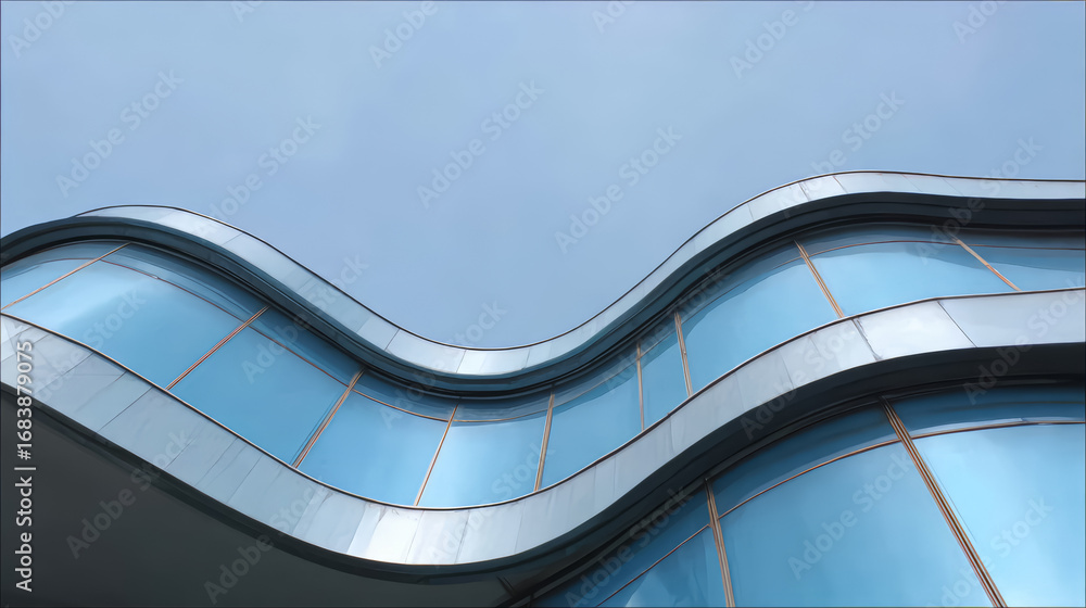 Poster building with a blue facade and a curved design. the windows are large and clear. scene is one of mo