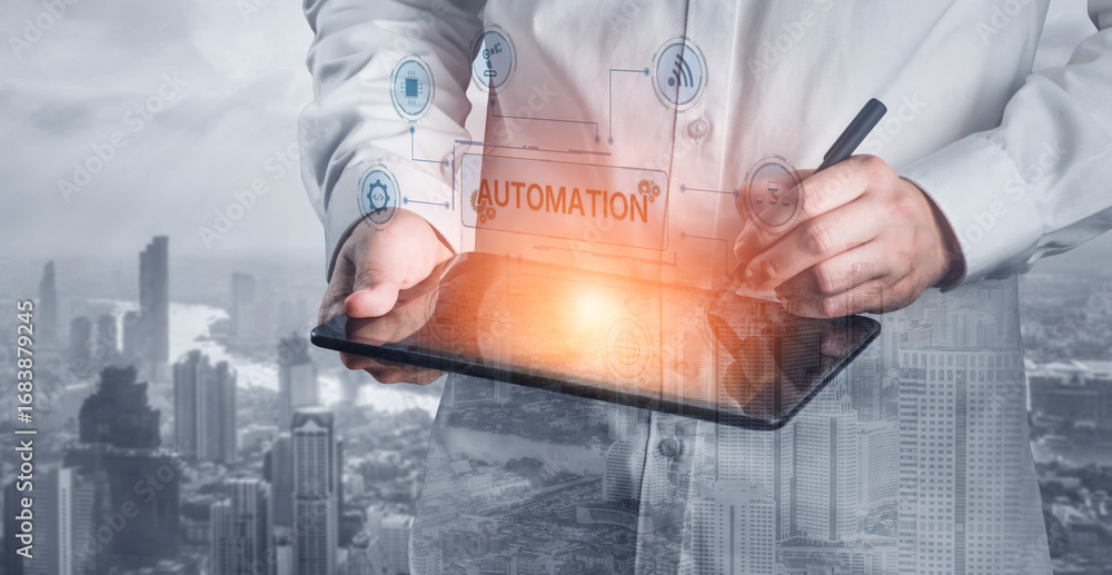 Poster modern automation drives workflow efficiency by connecting systems, people, and data. with intellige
