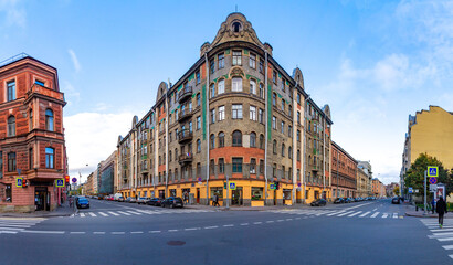Panoramic view of historic intersection with beautiful Northern Modern style Stanovoy apartment...