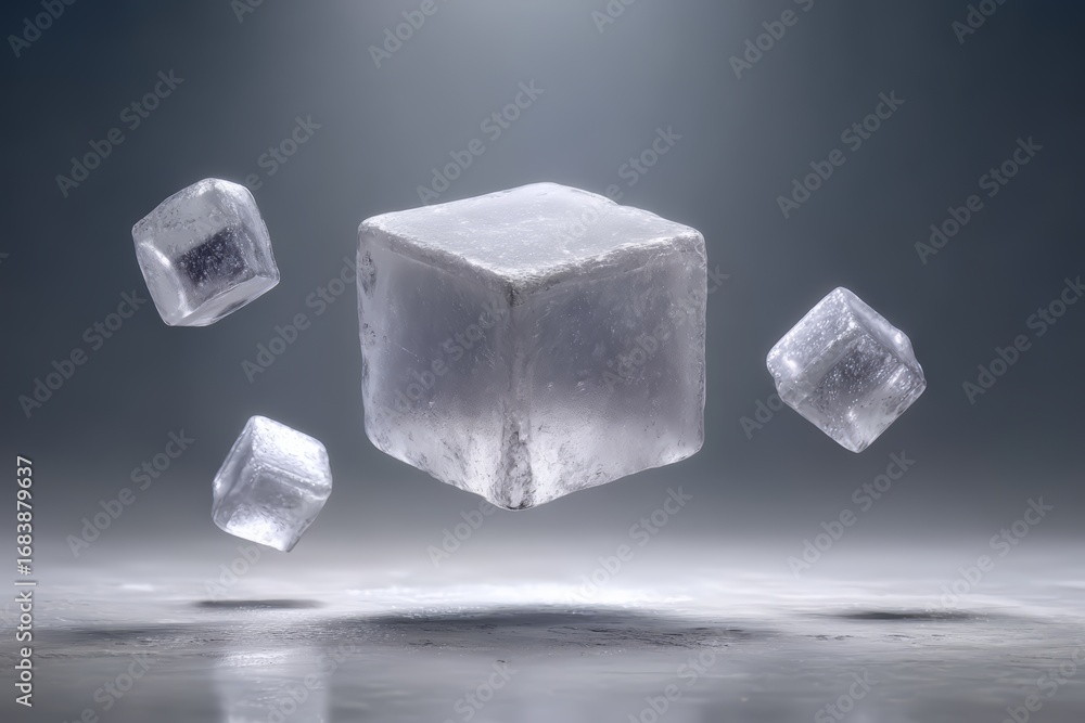 Poster cube of ice is floating in the air above three other cubes of ice. the scene is set in a dimly lit r