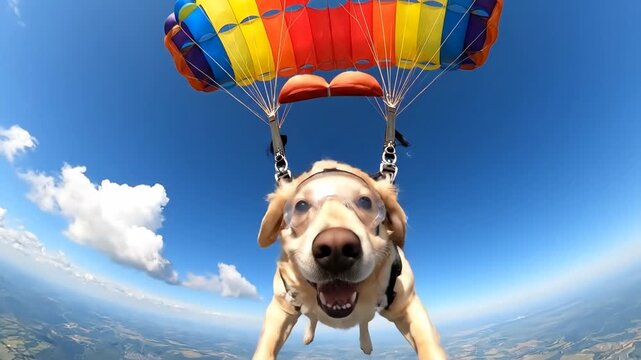 Happy Dog Skydiving with Colorful Parachute - A joyful golden retriever dog is captured mid-air during a skydiving adventure, wearing protective goggles and harnessed to a vibrant rainbow parachute