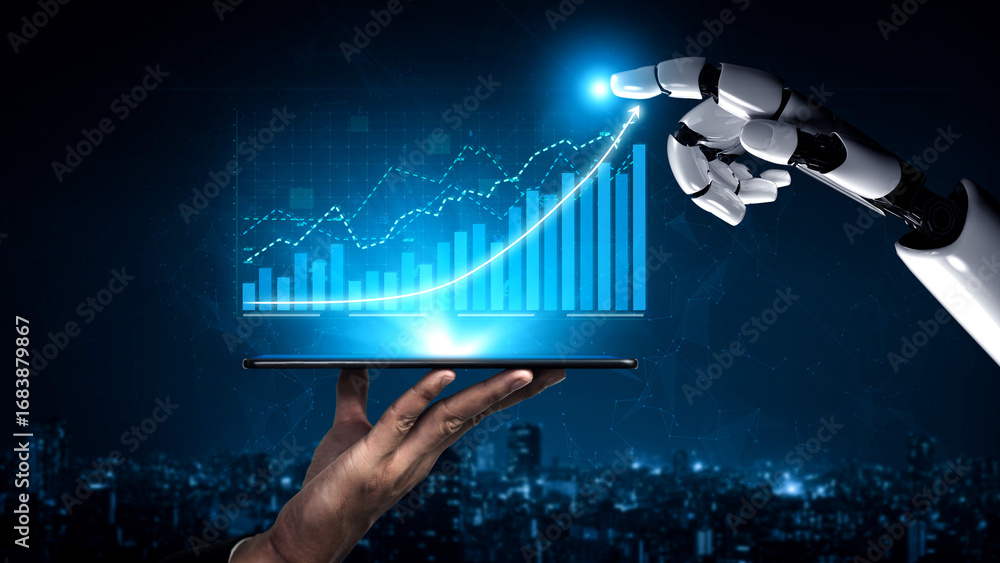 Poster A robotic hand interacts with a digital interface showcasing data analytics and graphs in a futuristic city backdrop, symbolizing modern technology and innovation. Impute